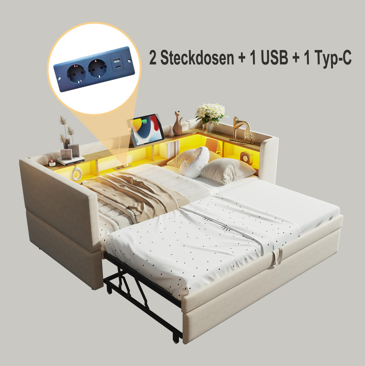TAPECIRANI krevet na razvlačenje 90/180x190 cm bež od flanela s LED rasvjetom i utičnicama - bež, tekstil (90/190cm) - OKWISH