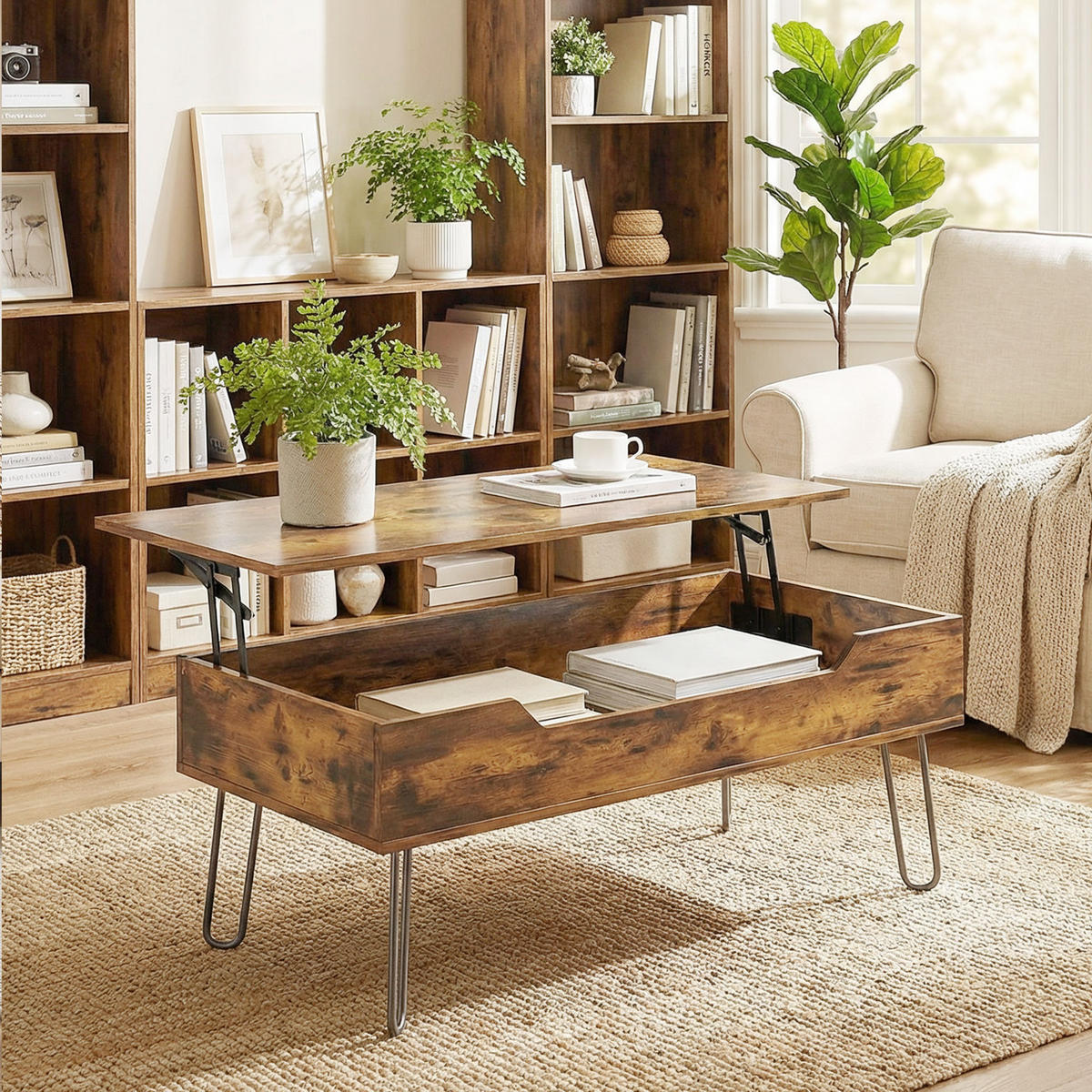 COUCHTISCH DE-15845 höhenverstellbare Platte Rustikales Braun - Braun, Holzwerkstoff (95/50/40cm) - ComfortXL
