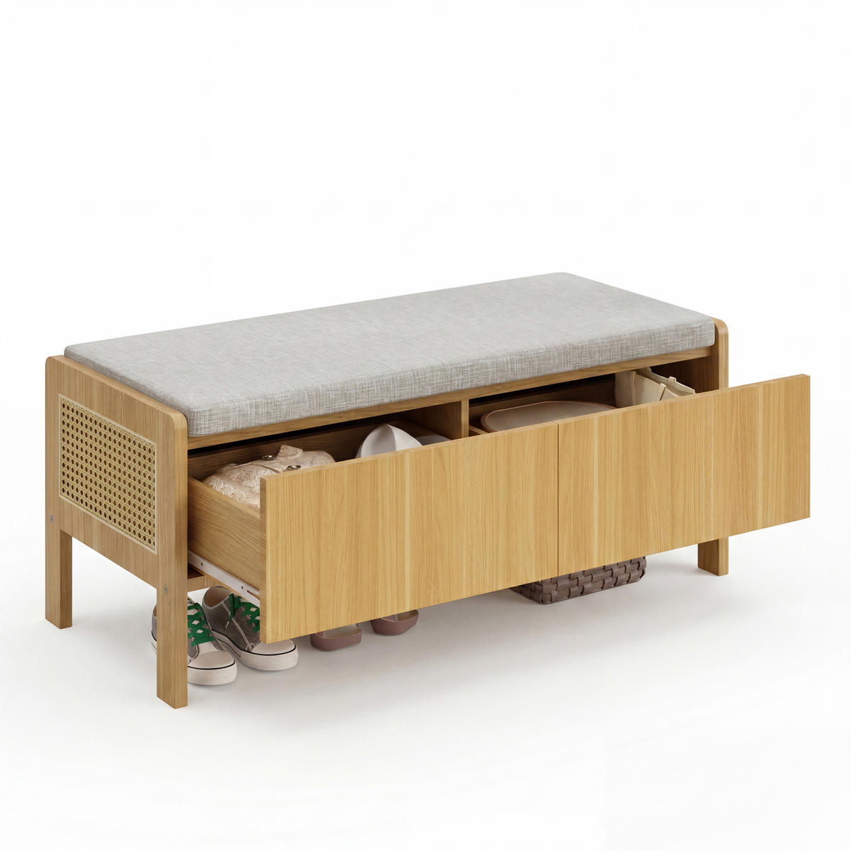 SCHUHBANK mit Stauraum, Polsterung & Rattan-Seiten, vielseitig einsetzbar, Natur/Beige, Standardgröße - Naturfarben/Grau, Glas/Holzwerkstoff (113/45.5/40cm) - EVRYAE