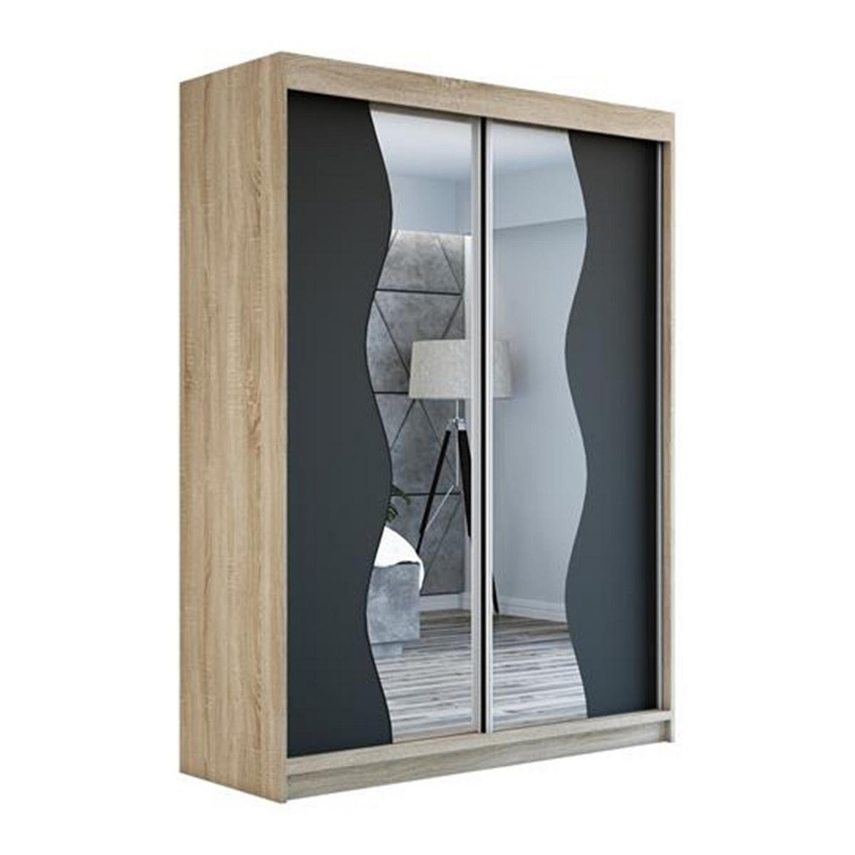 SCHWEBETÜRENSCHRANK 120 CM RIMA Farbe: Sonoma / schwarz / schwarz - Schwarz/Braun, Holzwerkstoff (120/215/59.5cm) - A&J MöbelLand