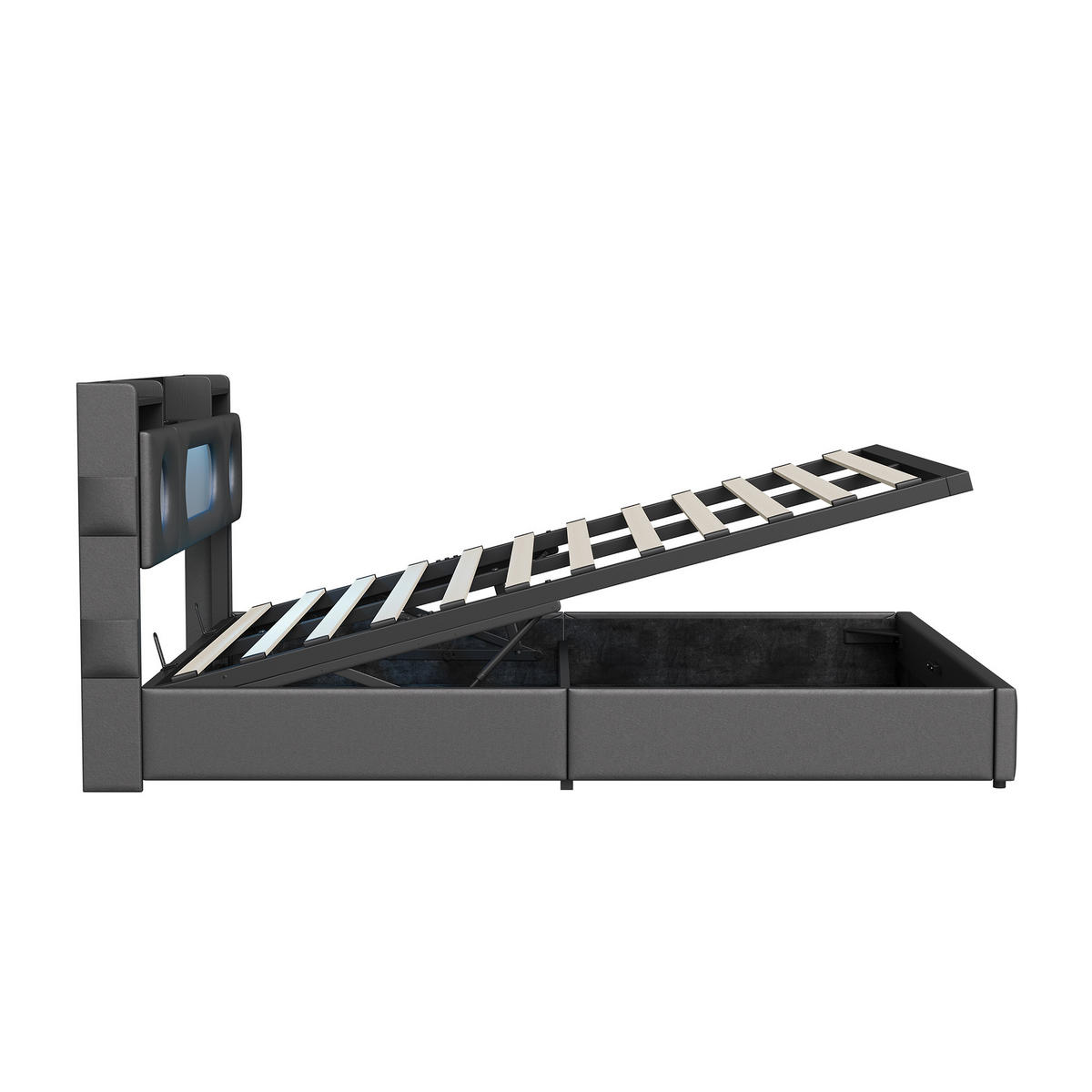 POLSTERBETT 140/200 cm Schwarz mit hydraulischem Stauraum, LED-Kopfteil mit Ablage und USB-Anschluss - Schwarz, Metall (140/200cm) - EuroLiving