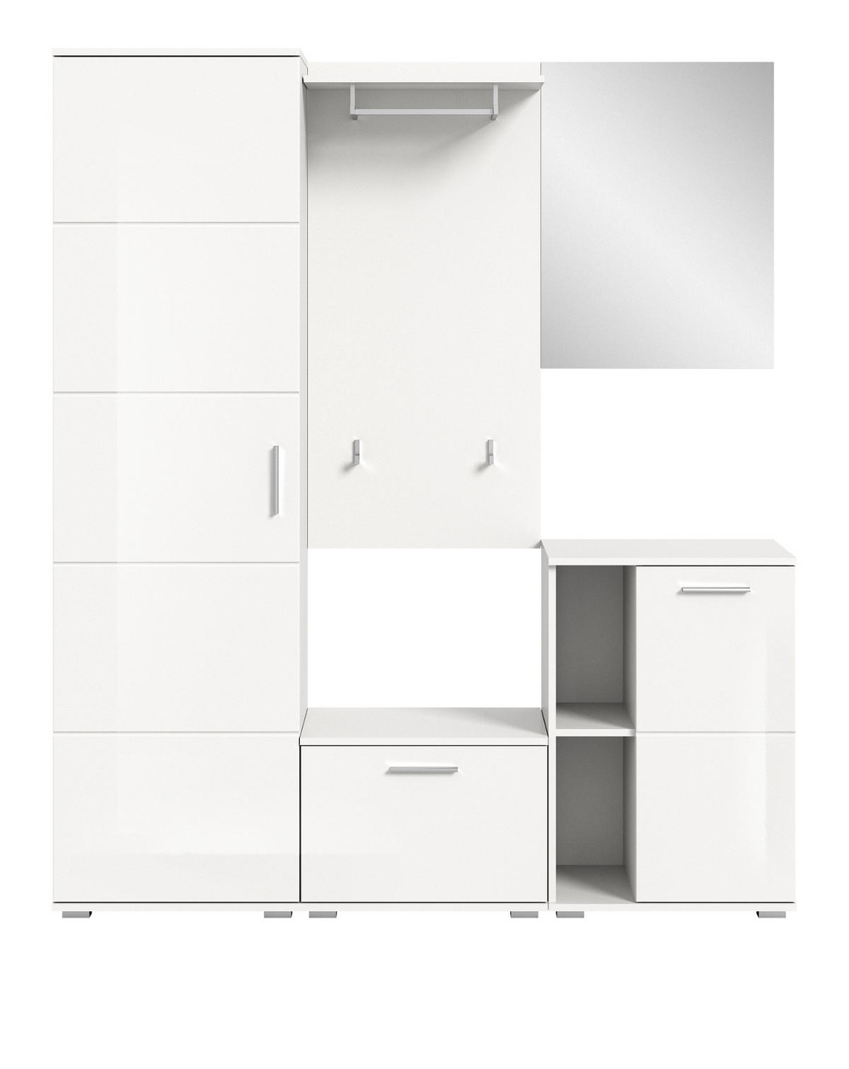 GARDEROBE SET 5-teilig weiß Hochglanz 165 cm, Kombination mit viel Stauraum - Weiß Hochglanz/Silberfarben, Glas/Holzwerkstoff (165/191/37cm) - Inn.Furn