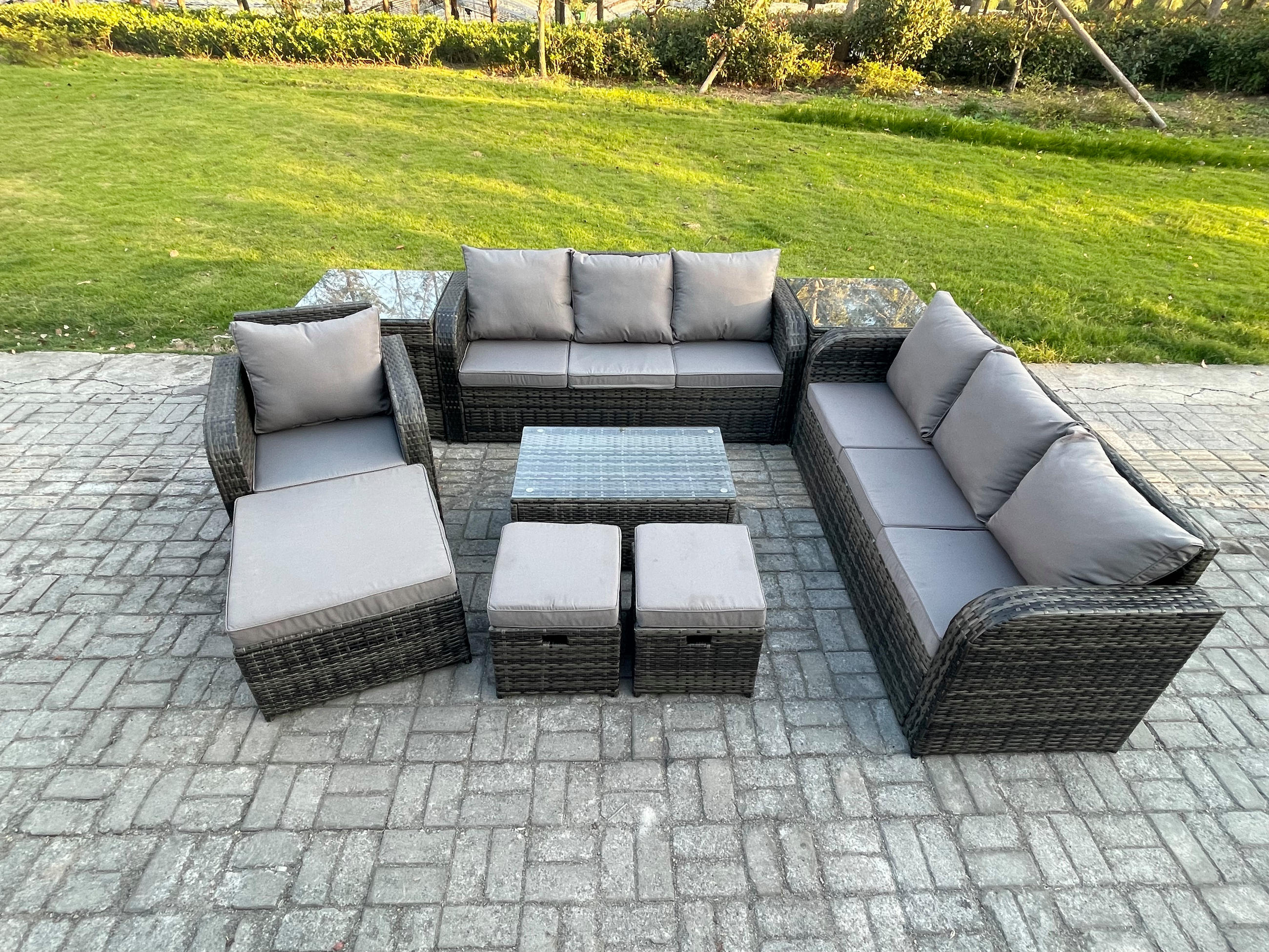 GARTENMÖBEL-SET mit Kissen Polyrattan Dunkelgrau 10-Sitzer - Dunkelgrau/Grau, Glas/Kunststoff - Fimous