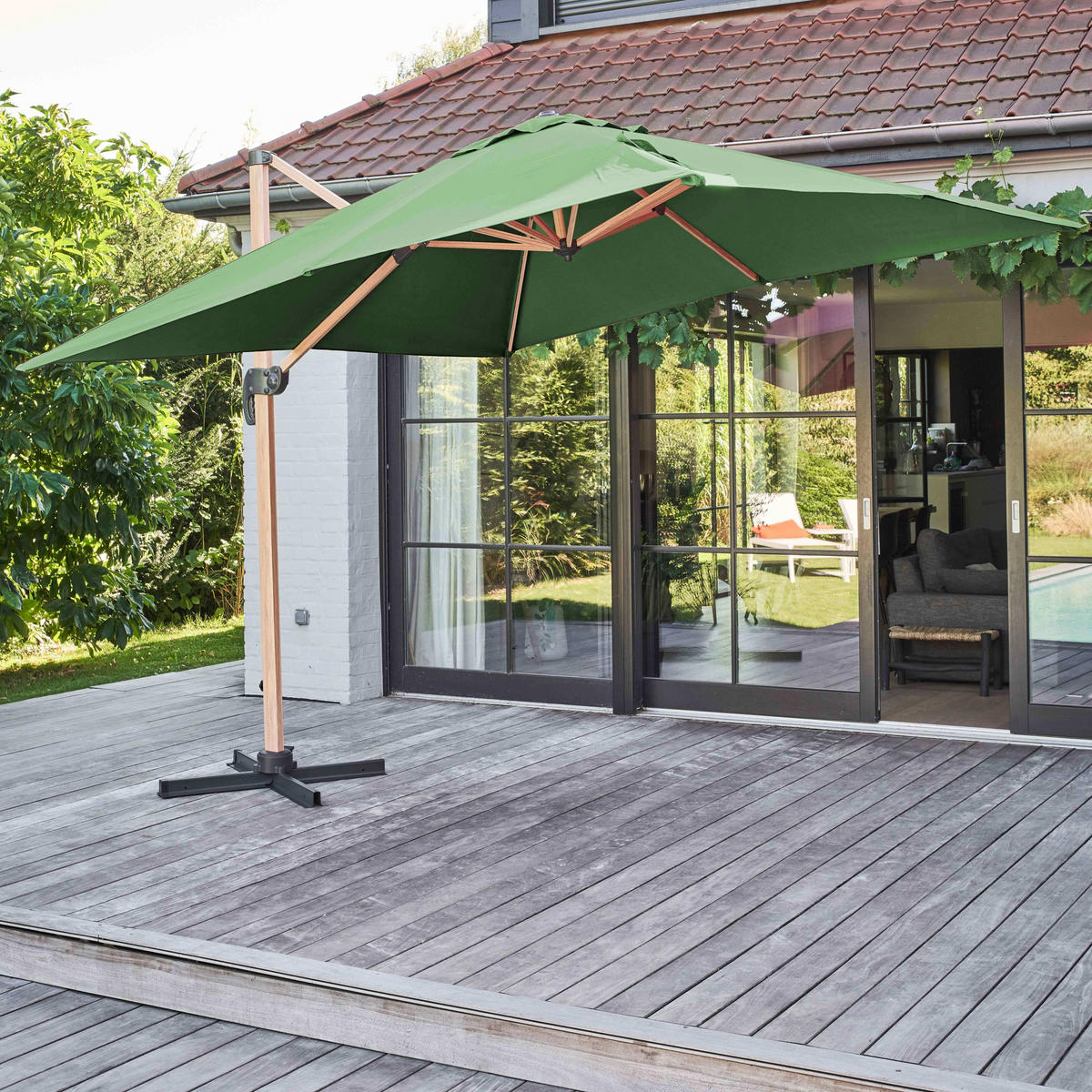 SONNENSCHIRM 3x3m Holzeffekt, Kaktusgrünen - Grün, Metall (300/300cm) - Oviala