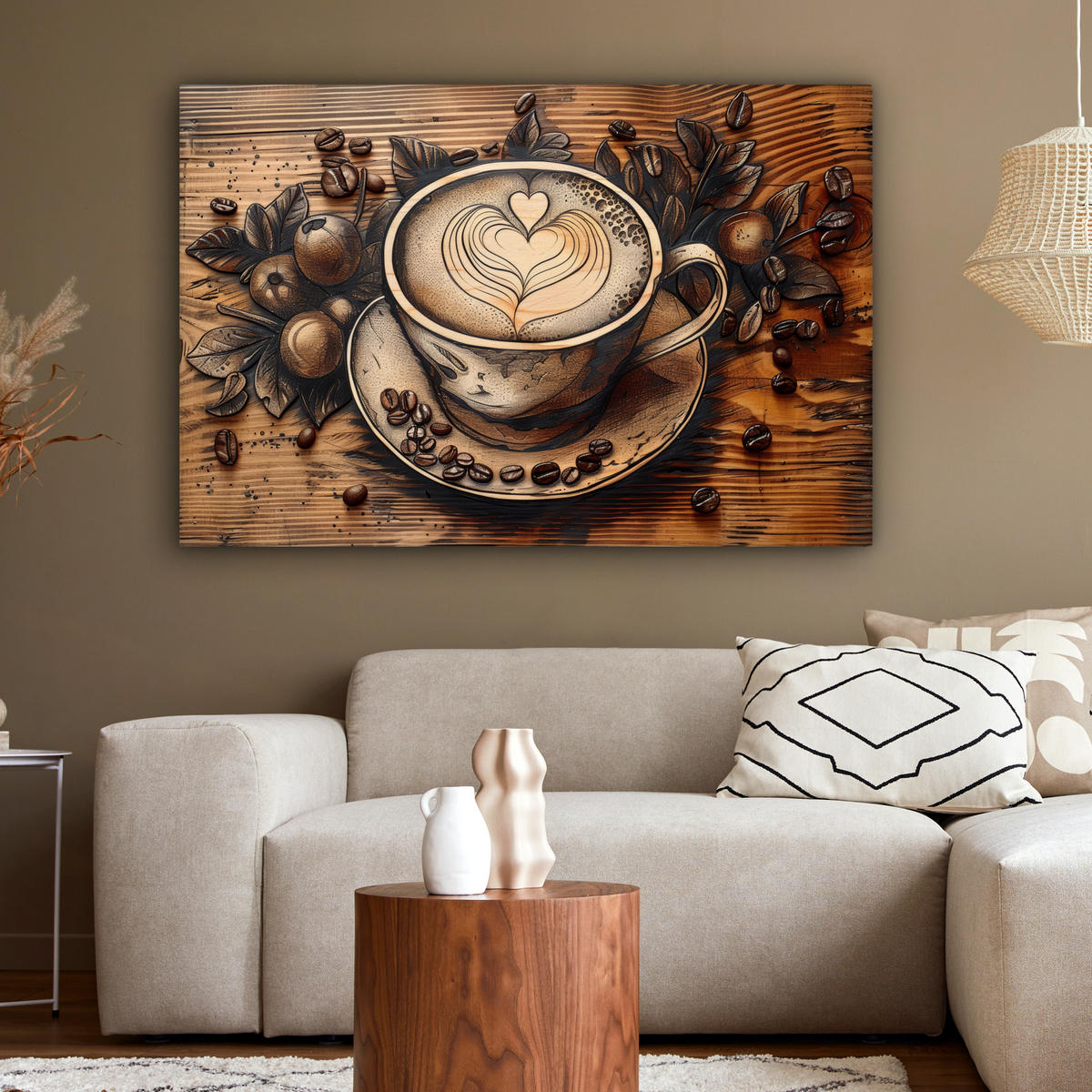 LEINWANDBILD Kaffee - Vintage - Braun - Tasse - Holz XXL 150x100 cm - Braun, Textil (150/100cm) - MuchoWow