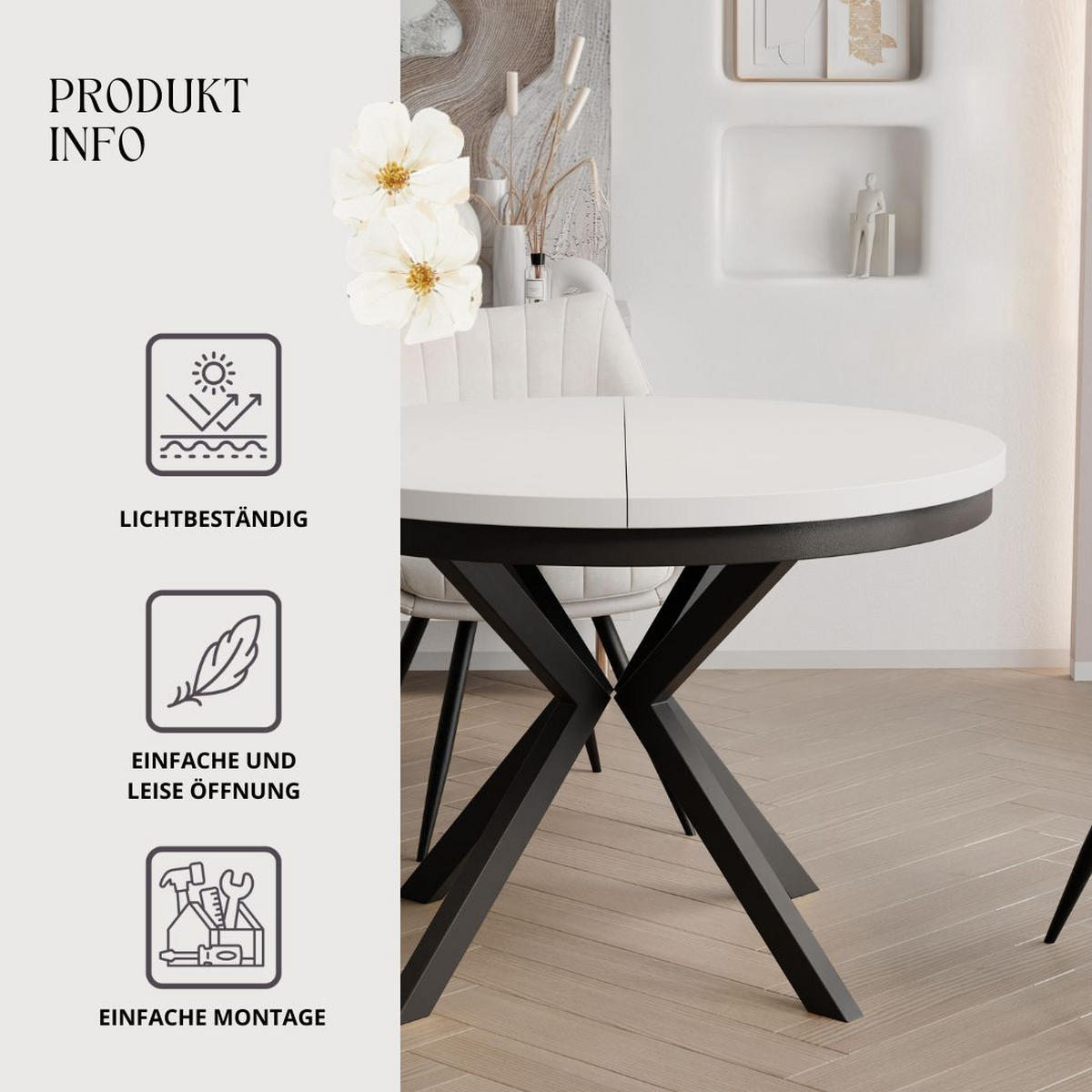 AUSZIEHTISCH MILTON 100-176/76 cm mit Metallgestell, Schwarz / Arktisweiß - Schwarz/Weiß, Holzwerkstoff/Metall (100/100/76cm) - Idohome