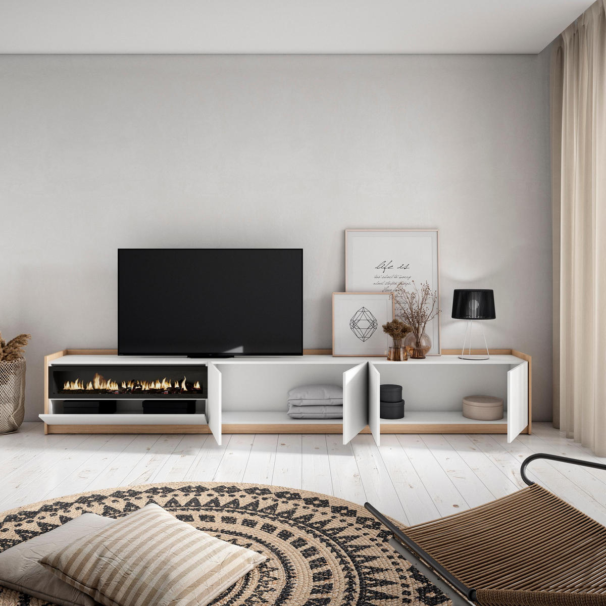 TV-SCHRANK, Lowboard, Weiß und Eiche Soft, Elektrokamin, 310/37/50cm - Weiß, Holzwerkstoff (310/50/37cm) - Skraut Home