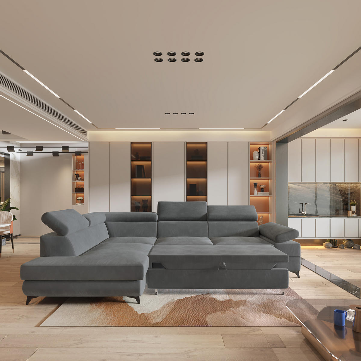 ECKSOFA FAVIEN L-S Grau Velours-Stoff mit Schlaffunktion - Grau, Holz (257/190cm) - MASSENO