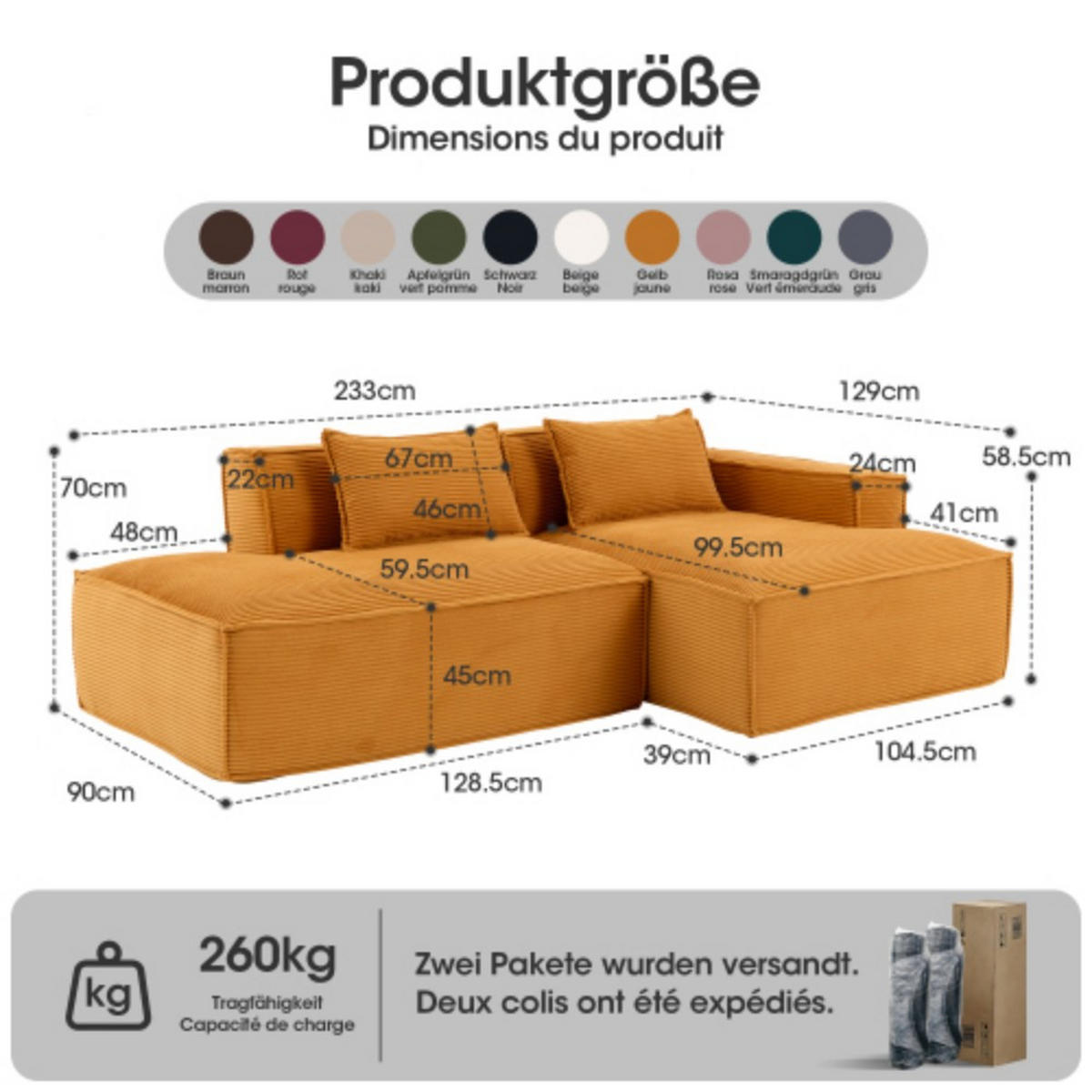 ECKSCHLAFSOFA L-/U-/2-er Sofa mit Schlaffunktion,Modulsofa,Cord,Gelb - Gelb, Textil (129/233cm) - LVHOM