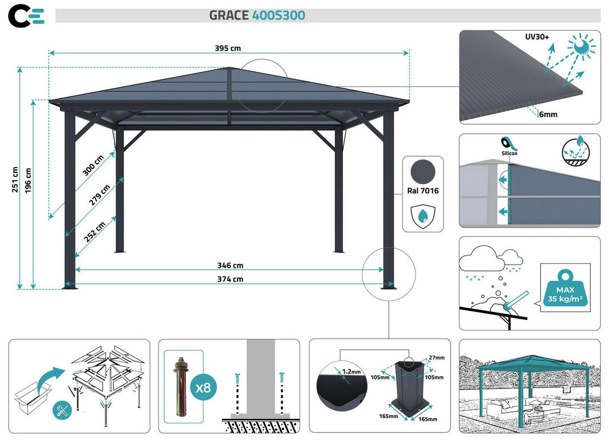 PAVILLON Grace Anthrazitgrau 4m x 3m - Grau, Metall (395/251/300cm) - Cazeboo