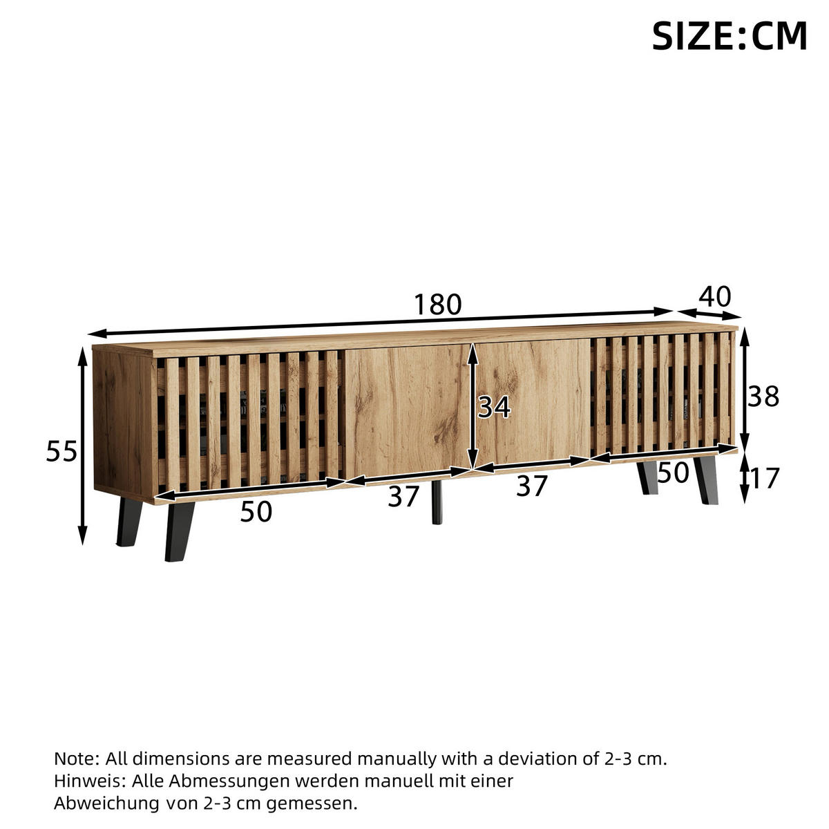 TV-LOWBOARD 180/40/55 cm mit 4 Türen und 8 Fächern in Naturholzfarbe - Hellbraun, Holzwerkstoff (180/55/40cm) - BEAOK