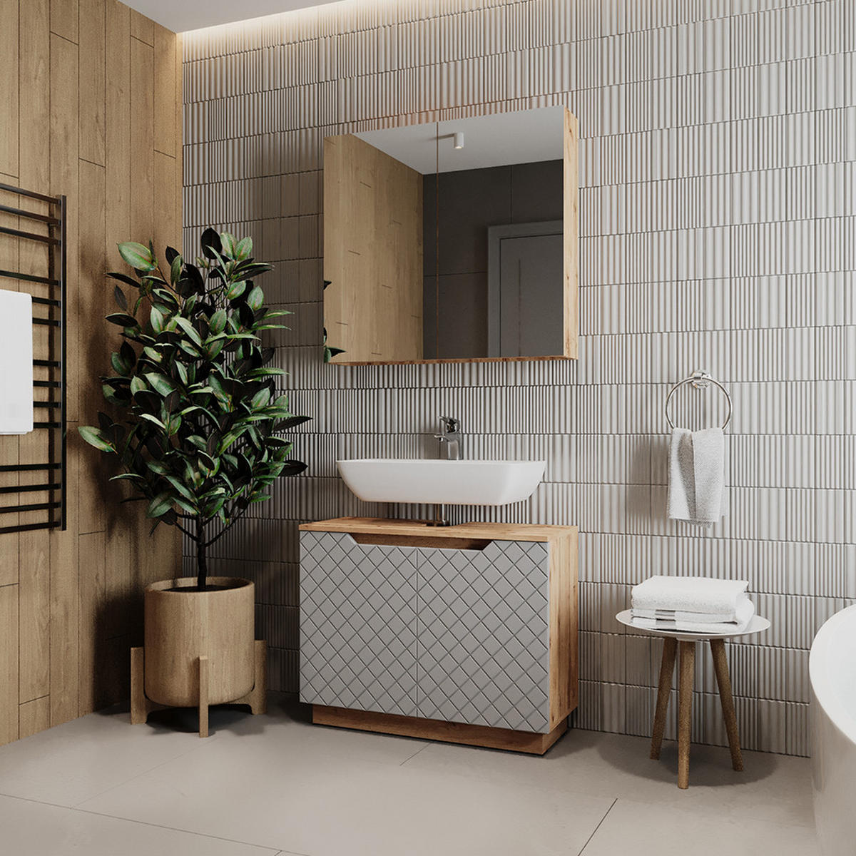 KOUPELNOVÝ NÁBYTEK Lotta Dub/šedá se strukturou dlaždic - šedá/barva dubu, kompozitní dřevo (79.6/62.1/32cm) - Vicco