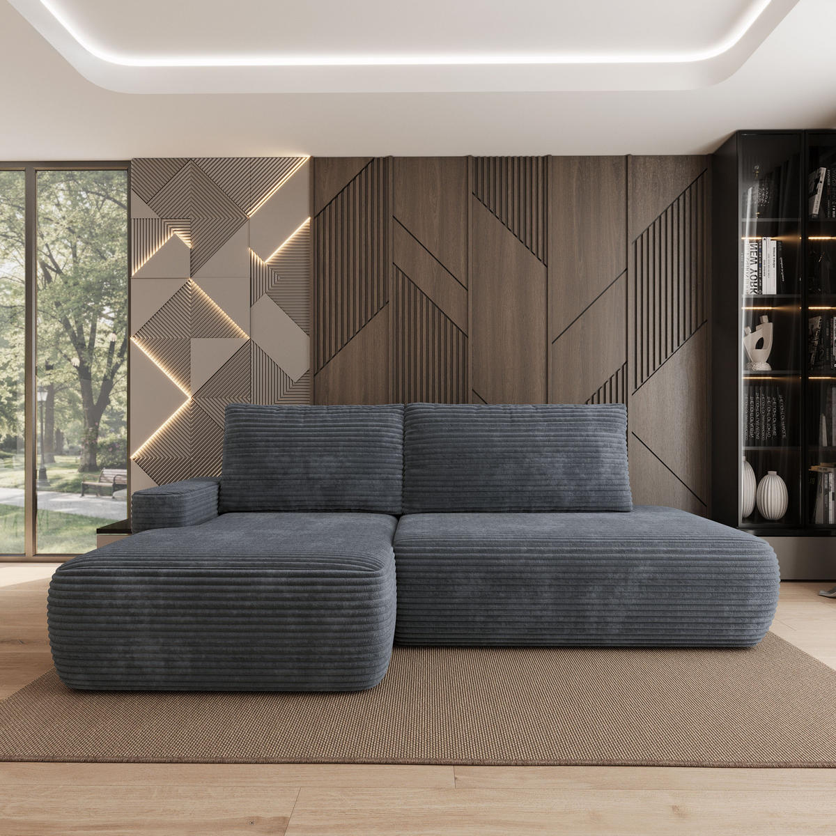 ECKSOFA AVINI T L-S Grau Kordstoff mit Schlaffunktion - Grau, Holzwerkstoff/Textil (277/160cm) - MASSENO