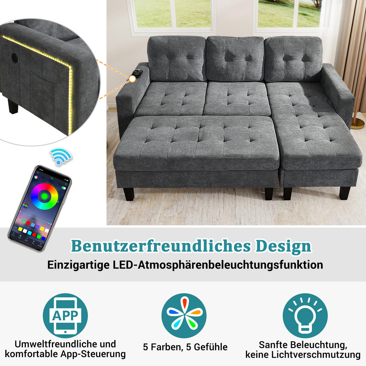 SCHLAFSOFA 185/135/85 cm Antikgrau mit beweglicher Fußbank und LED-Ambiente-Beleuchtung - Dunkelgrau, Textil (185/85/135cm) - Oxeza