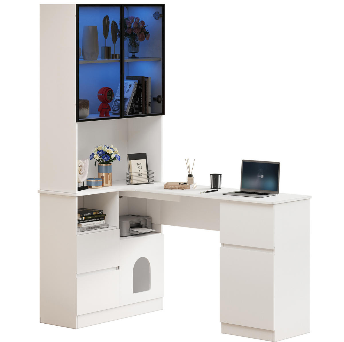 VITRINE 120/80/180 cm aus MDF mit LED-Vitrine, Regal und Haustierfach Weiß - Weiß, Holzwerkstoff (120/180/80cm) - Modenvie