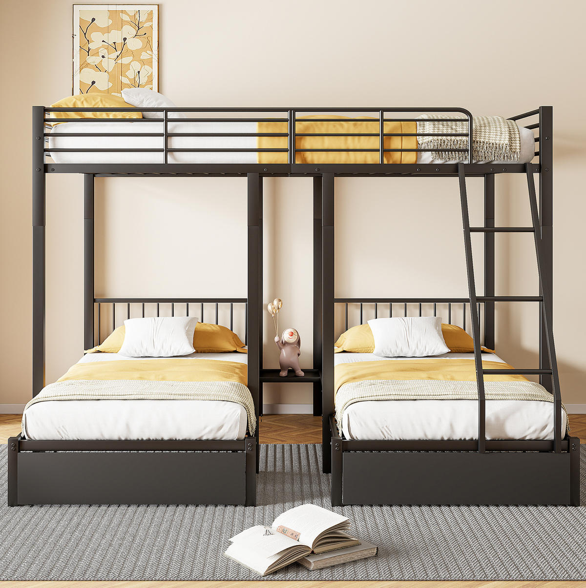 ETAGENBETT 140/200 und 90/200 cm aus Metall mit Schubladen, Schwarz - Schwarz, Metall (140/200cm) - Flora Grace