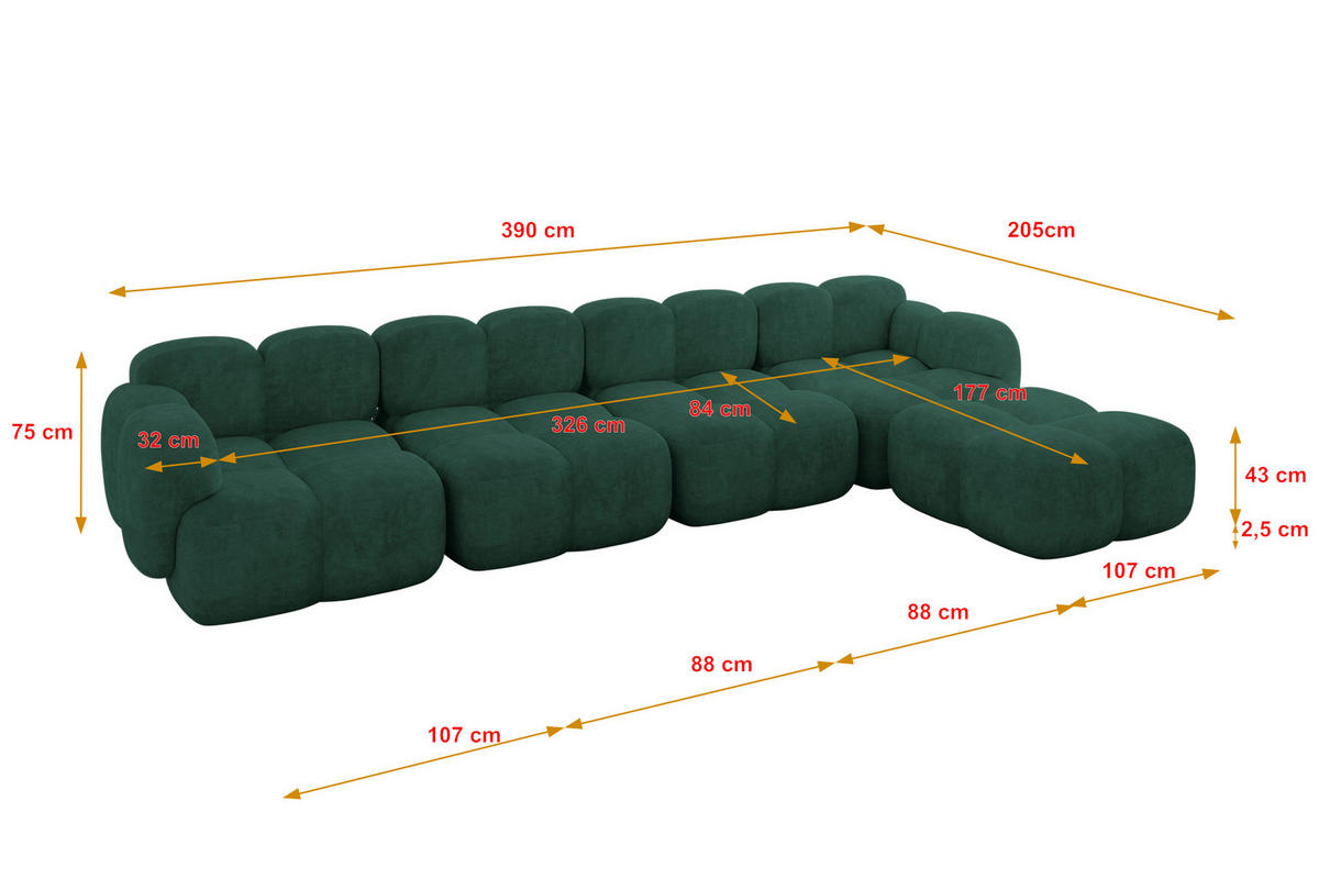 ECKSOFA modulares Sofa Rechts Miko-L3 390x205x75 Grün Velours - Schwarz/Grün, Holzwerkstoff/Kunststoff (390/205cm) - ALTDECOR