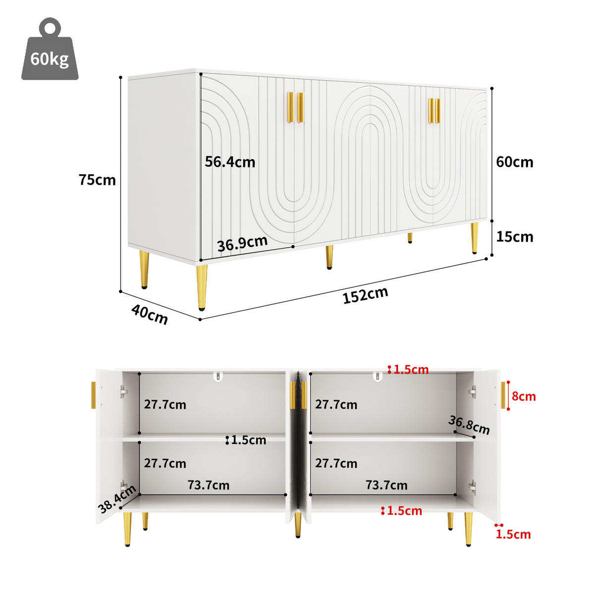 SIDEBOARD aus MDF 152x40x75 cm Weiß mit Wellenfront und goldfarbenen Griffen - Weiß, Holzwerkstoff (152/75/40cm) - IVMEU