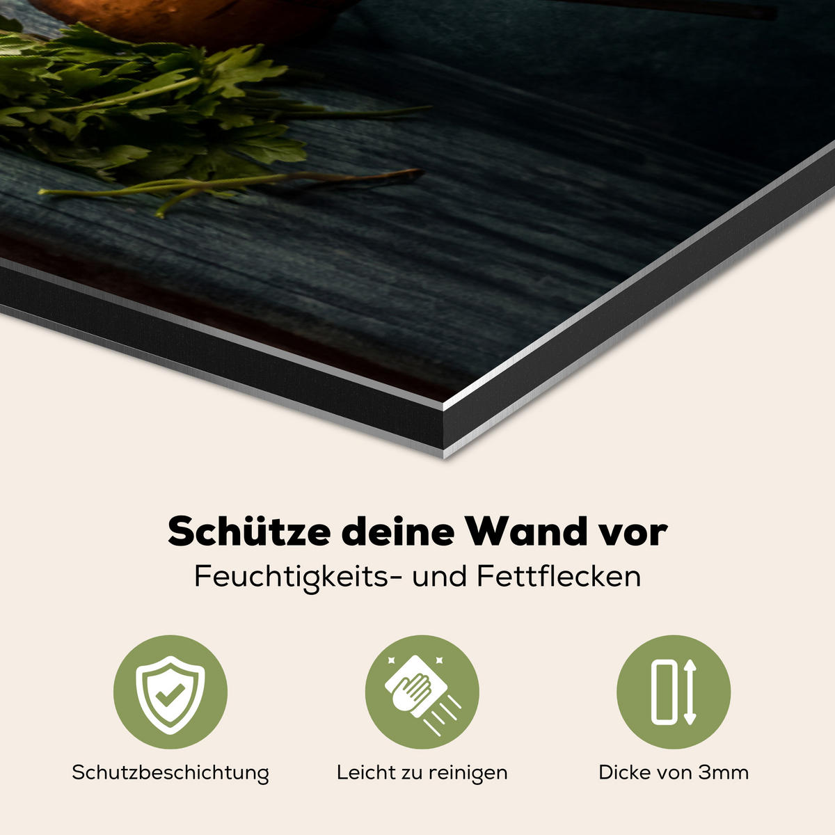 SPRITZSCHUTZ KÜCHE Kräuter - Gewürze - Pfanne - Messer - Grau - Rustikal 80x55 cm - Petrol, Metall (80/0.3/55cm) - MuchoWow