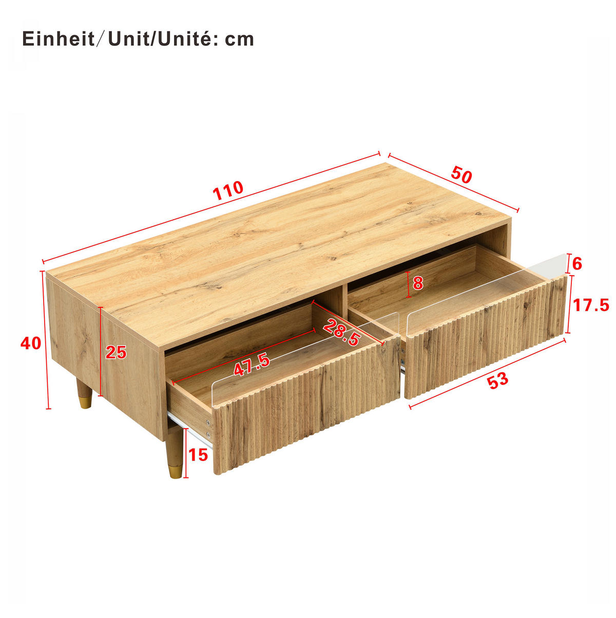 COUCHTISCH aus MDF 178x35x45 cm in Naturfarben mit LED-Beleuchtung & 2 Schubladen - Naturfarben, Holzwerkstoff (178/35/45cm) - Modfu
