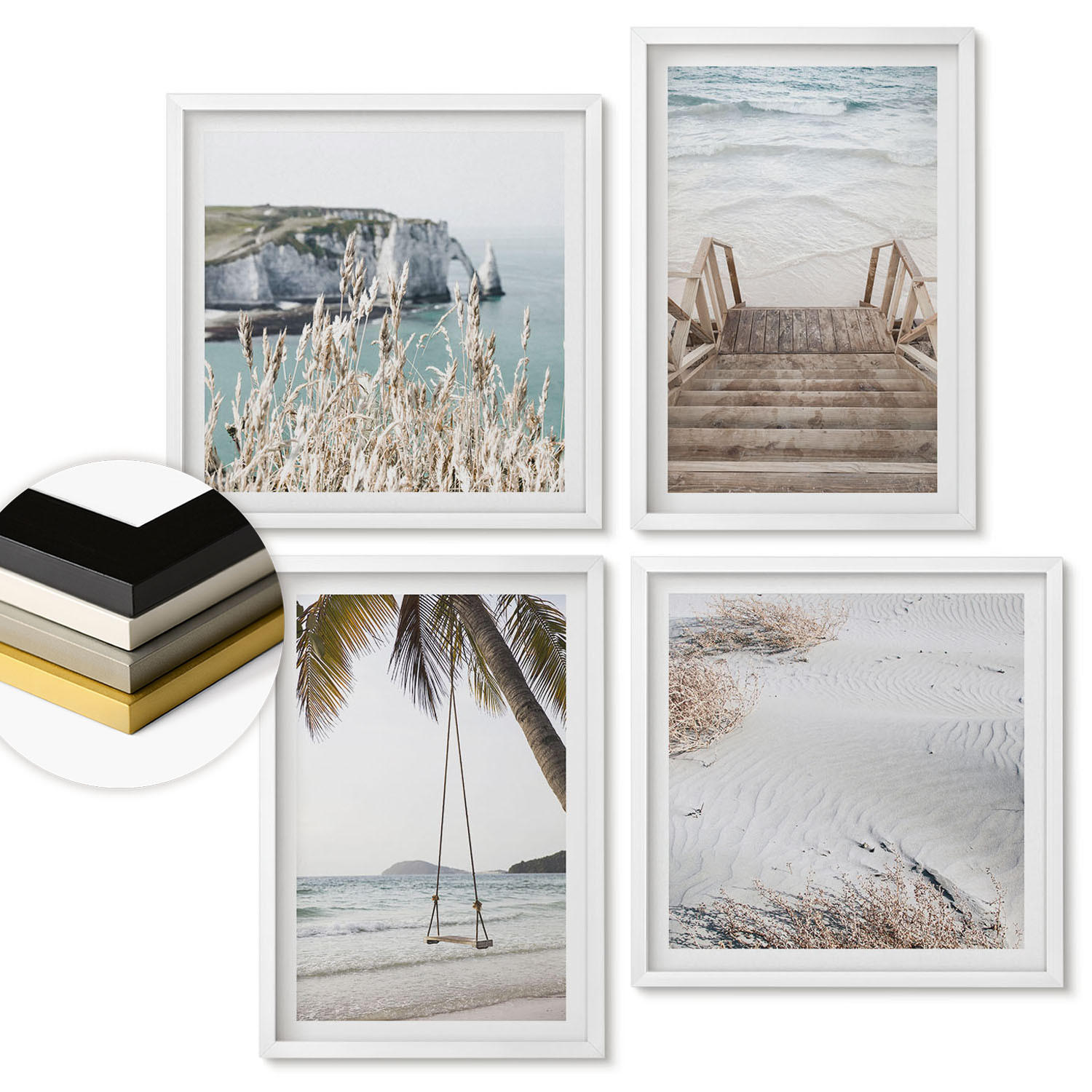 WANDBILDER 4er-Set - 50x50 cm & 40x60 cm Weißer Rahmen - Strandtreppe Schaukel Meer - Weiß, Kunststoff (50/50cm) - ArtPrintCave