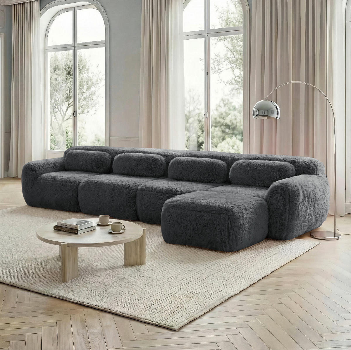 ECKSOFA aus Plüsch in Grau mit modularem Design & ohne Montage - Grau, Textil (179/73/378cm) - Modfu
