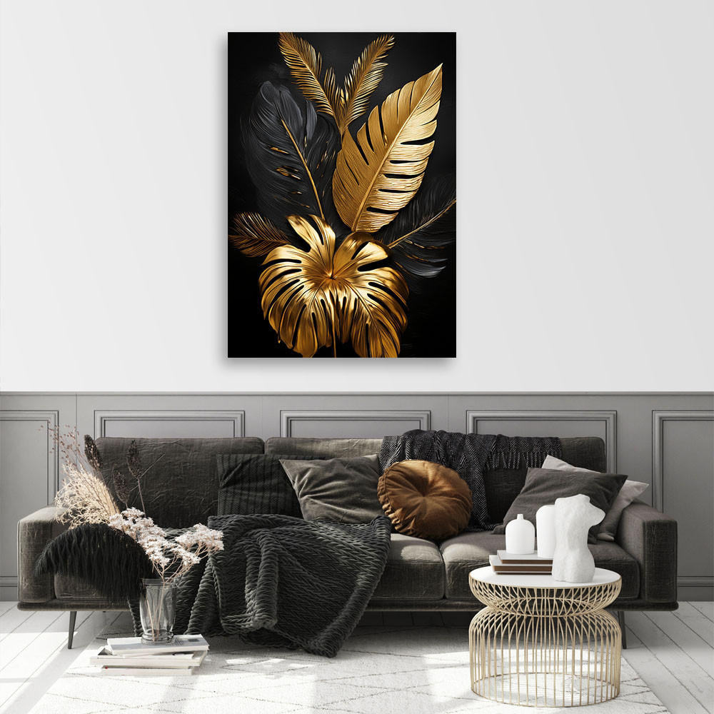 WANDBILD goldene palmblätter glamour - Goldfarben, Textil (80/120cm) - Feeby