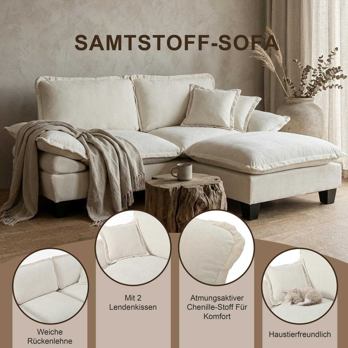 ECKSOFA 263/151/90 cm Beige aus Chenille mit 2 Ottomanen - Beige, Textil (151/263cm) - OKWISH