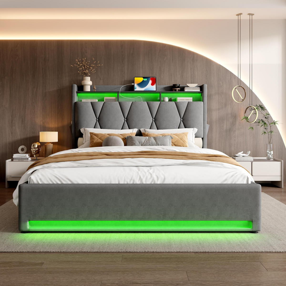 BOXBETT 140/200 mit Bettkasten, LED, USB/Typ C-Ladeanschluss,Samt,Grau - Grau, Metall (140/200cm) - LVHOM