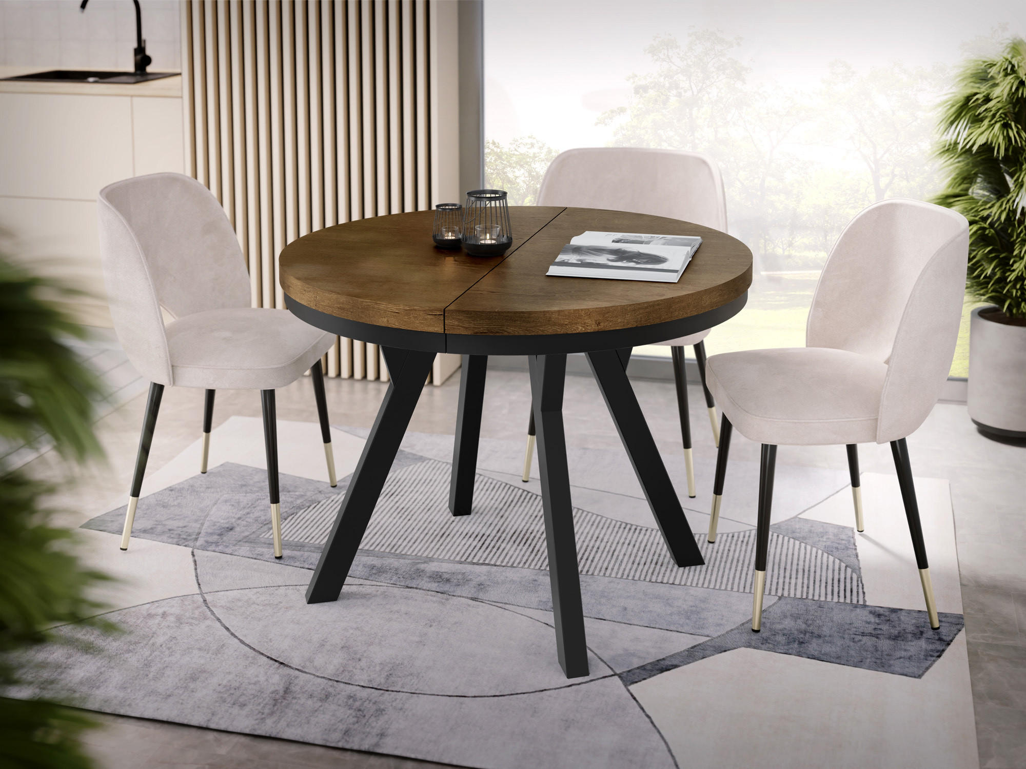 ESSTISCH Lume runder ausziehbarer, Lefkas Eiche 90-170/90/76 cm - Alteiche/Schwarz, Holz/Holzwerkstoff (90/90/76cm) - WFL GROUP