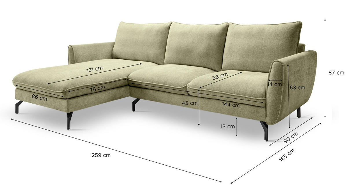 SOFA grün Webstoff 259 x 167 cm, Ecksofa 5-Sitzer, L-Sofa Ottomane links - Schwarz/Grün, Holz/Textil (259/167cm) - Inn.Furn