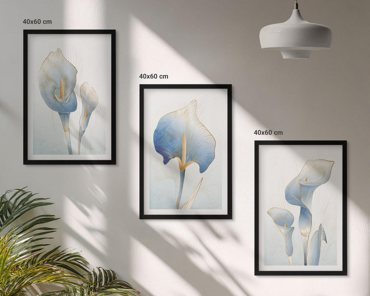 BILDER SET 3er Set - 40x60 cm Schwarzer Rahmen - Blaue Blumen im Hintergrund - Schwarz, Kunststoff (40/60cm) - TULUP