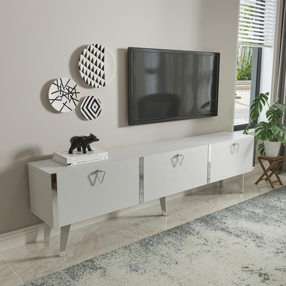 TV Stand Milagro Hochglanz Weiß Silber - Weiß, Holzwerkstoff (31.3/49.3/180cm) - Decorotika