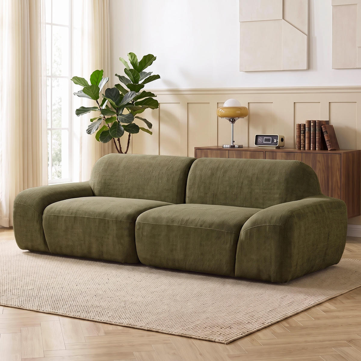 3-SITZER-SOFA Chenille 100 Polyester Schaumstoff Cremeweiß - Dunkelgrün, Textil (95/70/244cm) - HOMCOM