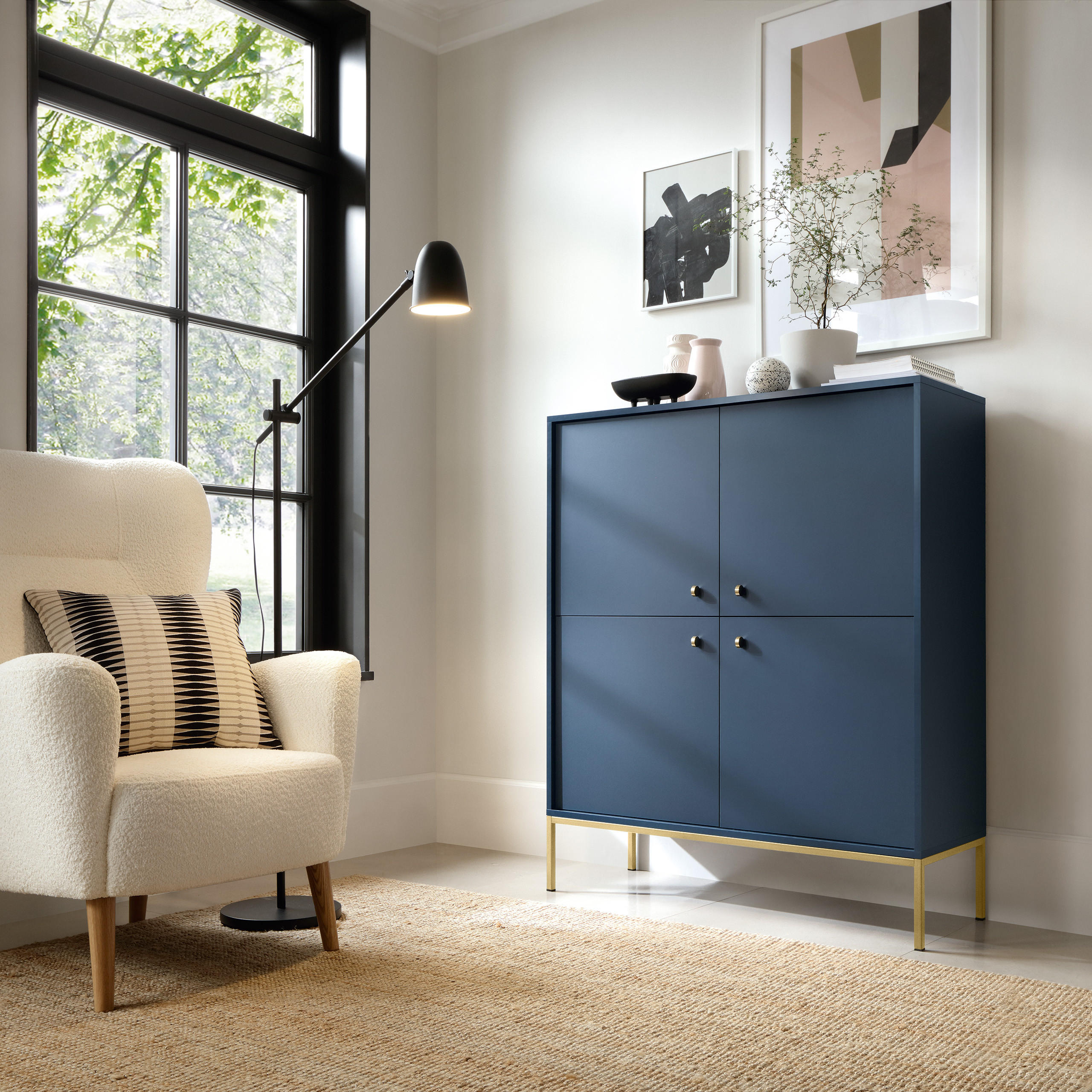 HIGHBOARD MONDO 104/125/39cm 4 Türen Blau - Blau/Goldfarben, Holzwerkstoff (104/125/39cm) - MASSENO