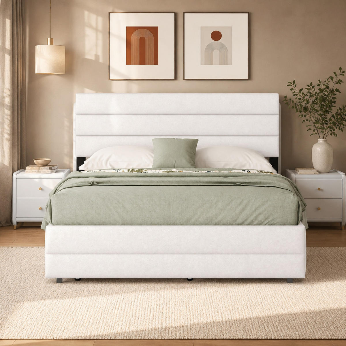 JUGENDBETT 140/200 mit zwei ausziehbaren Schubladen, Rollcontainer und höhenverstellbarem Kopfteil in Beige - Weiß, Holzwerkstoff/Textil (140/200cm) - EVRYAE
