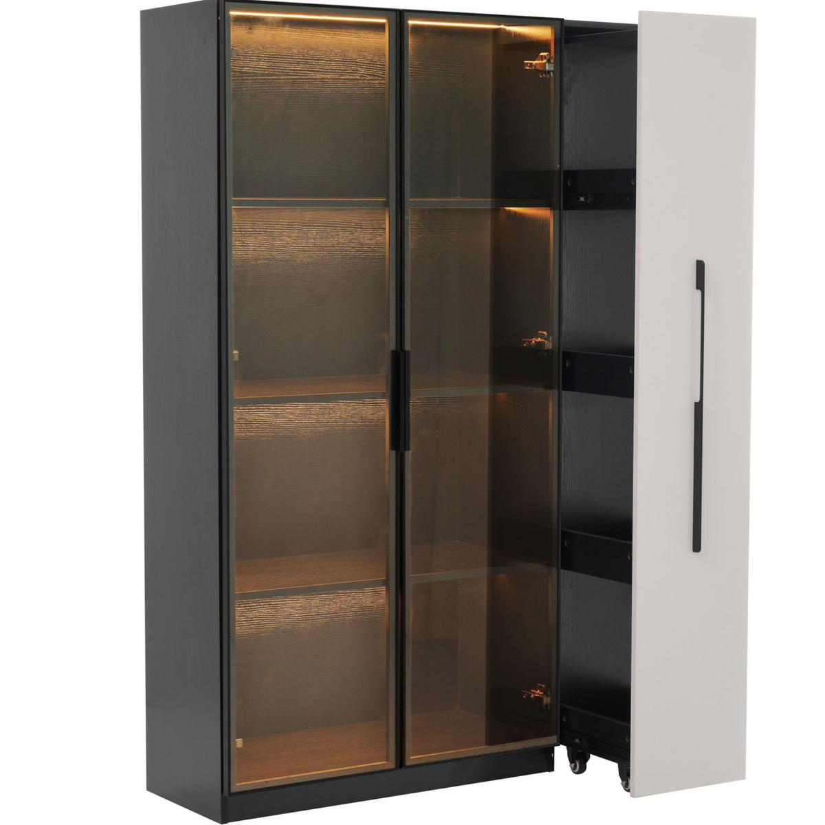 VITRINE 110,5/35/160 cm in Schwarz/Weiß mit LED-Beleuchtung und Seitenauszug - Schwarz, Holzwerkstoff (110.5/160/35cm) - Flora Grace