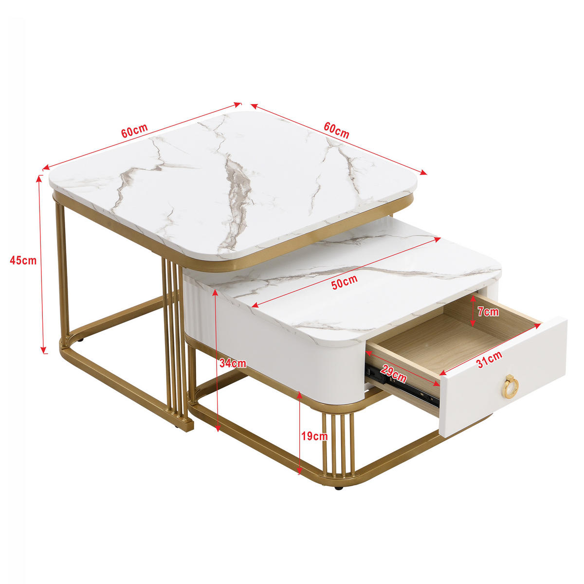 COUCHTISCHSET Weiß 60/60/45 cm - Weiß, Holzwerkstoff/Metall (60/60/45cm) - Urban Meuble