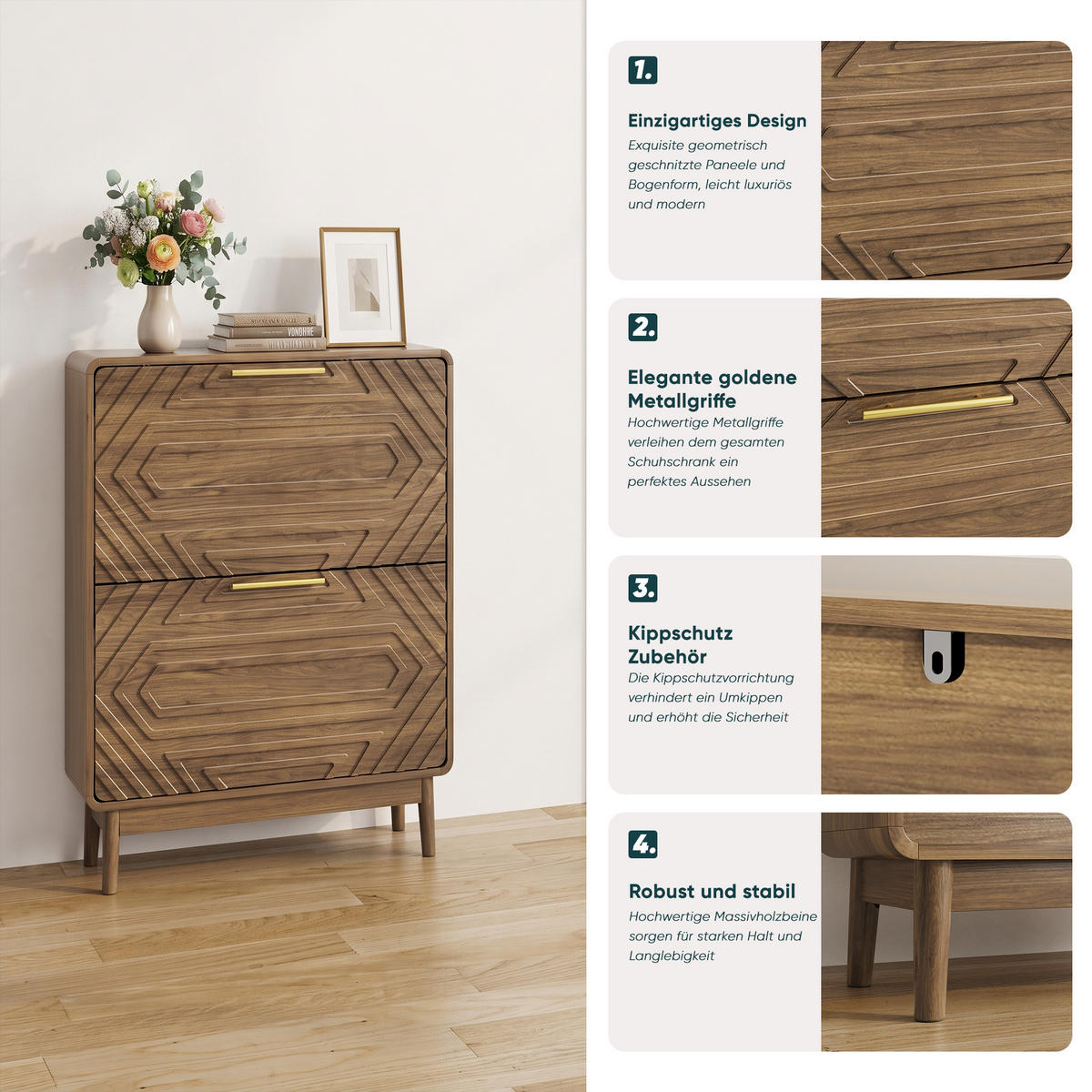 SCHUHSCHRANK Walnuss Mid-Century 60cm mit 2 Klappfächern & Regal - Walnussfarben, Holzwerkstoff (60/95/24cm) - Urban Meuble