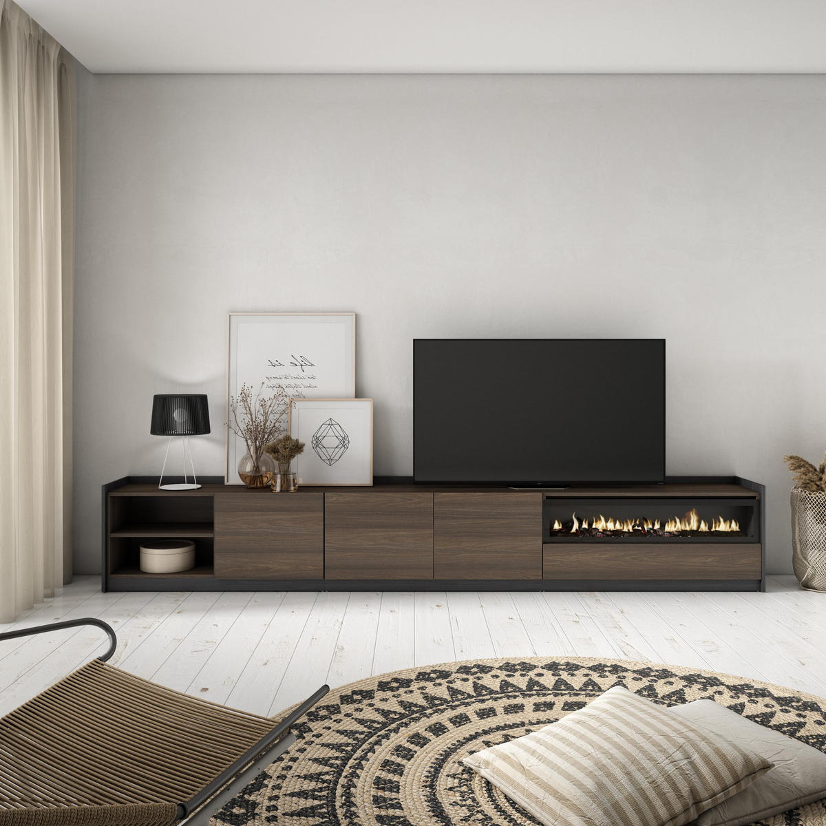 TV-SCHRANK, Dunkler Eiche und Schwarz, Elektrokamin, 310/37/50cm - Dunkelbraun, Holzwerkstoff (310/50/37cm) - Skraut Home