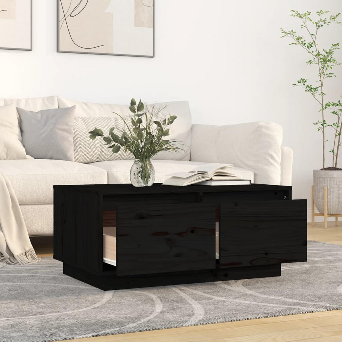 COUCHTISCH Schwarz 80x50x35 cm Massivholz Kiefer - Schwarz, Holz (50/80/35cm) - furnicato