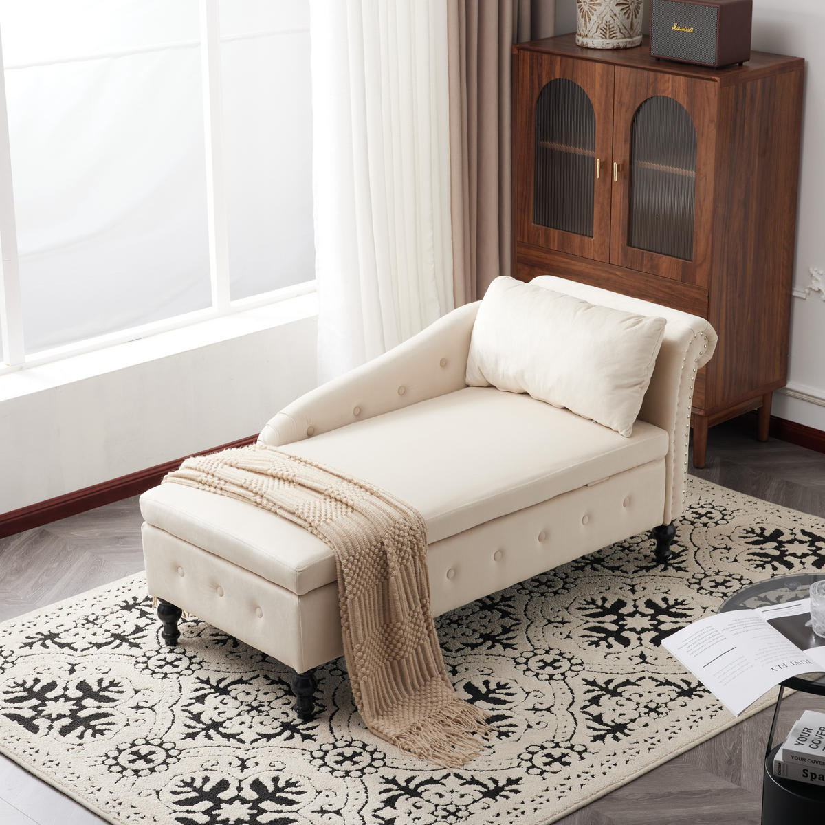 RÉCAMIERE Samt Beige mit Stauraum mit Kissen - Beige, Holz/Holzwerkstoff (144/69/62cm) - WISHDOR