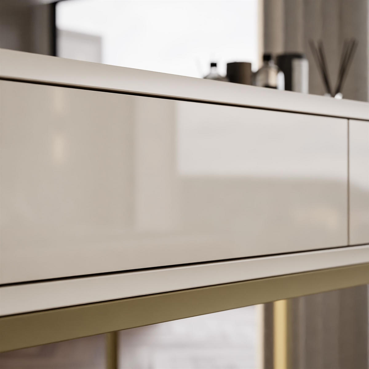 KONSOLE Glamour auf goldenem Gestell PUSH OPEN - Kaschmir/Goldfarben, Holzwerkstoff (100/81/42cm) - Lookway