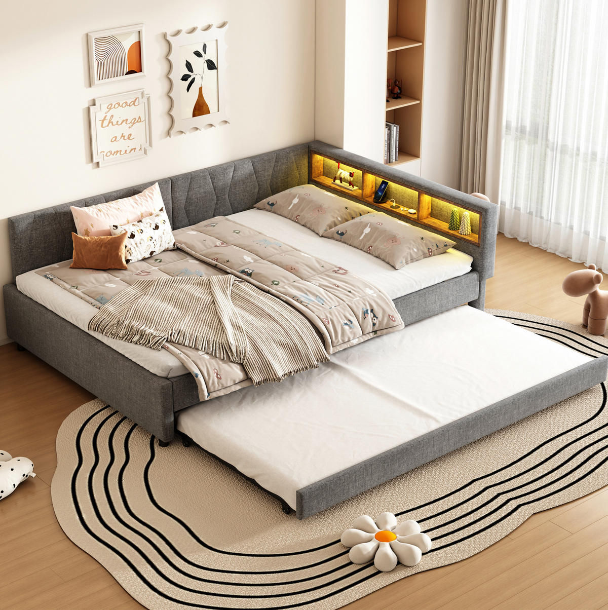 POLSTERBETT 140/200 cm Grau aus Leinen mit USB- und Type-C-Anschlüssen und LED - Grau, Textil (140/200cm) - Flora Grace