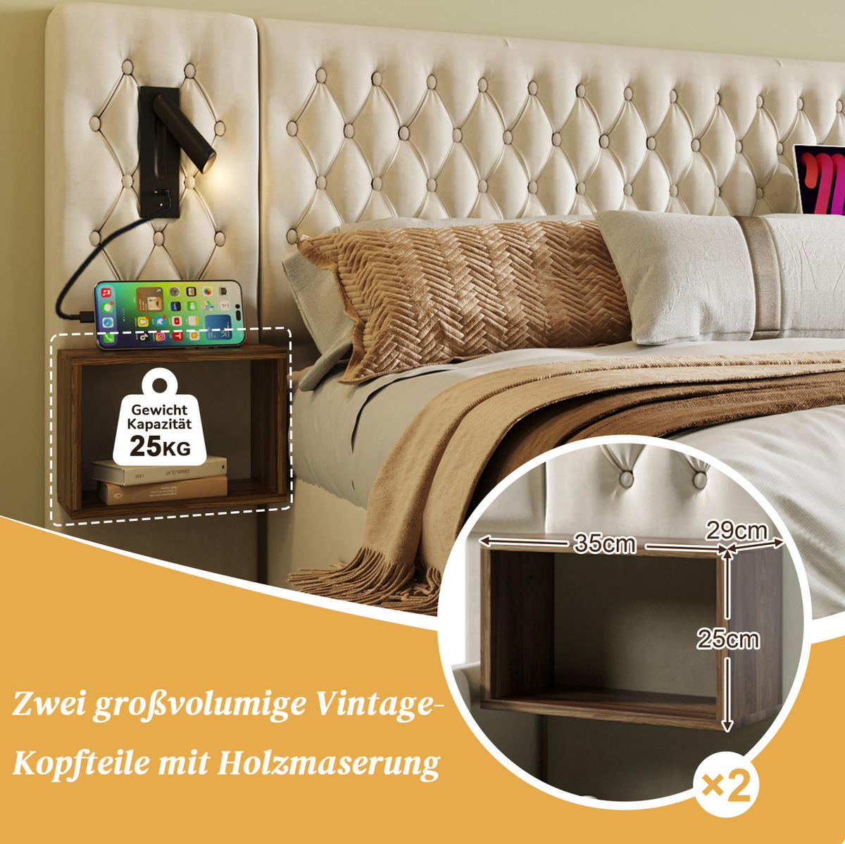 OBLAZINJENA postelja komplet iz žameta, 180/200 cm bež, z 2 nočnima omaricama in USB - bež, tekstil (180/200cm) - Modenvie