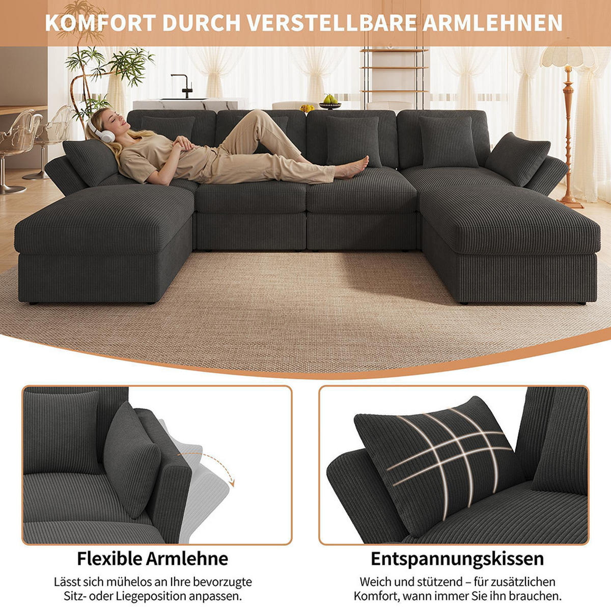 ECKSOFA,SECHSSITZER-SOFA mit verstellbaren Armlehnen in Grau - Grau, Textil (159.5/290cm) - KOMHTOM