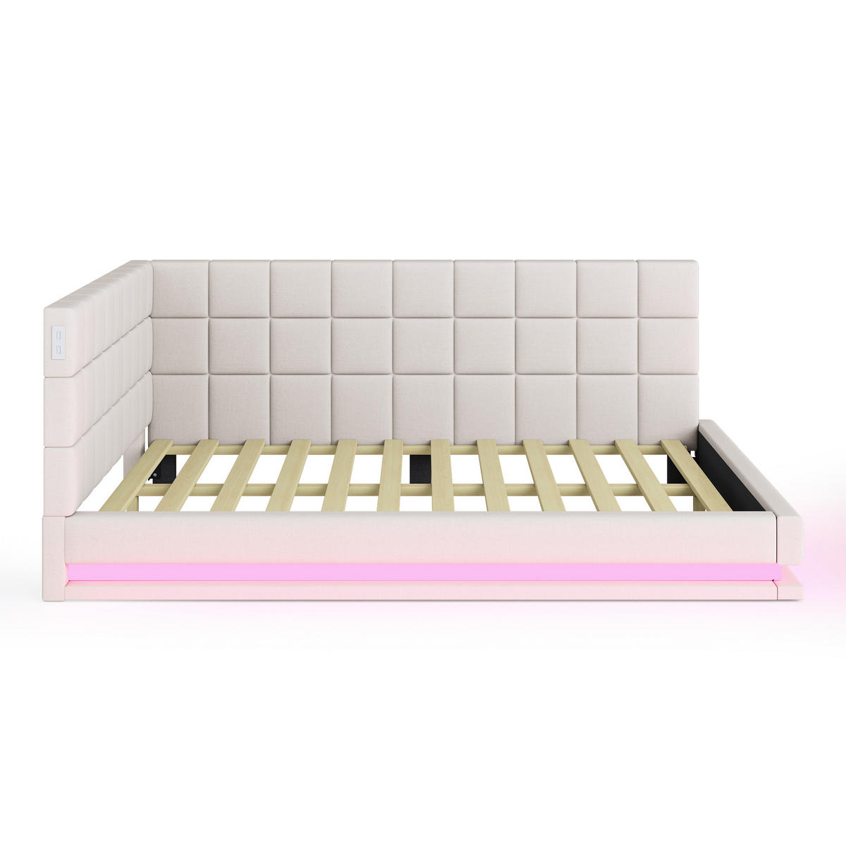 POLSTERBETT 140/200 cm aus Leinen mit LED-Lichtleiste und USB-Anschluss Beige - Beige, Leder (140/200cm) - Modenvie