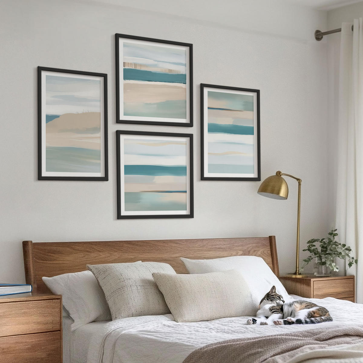 BILDER SET 4er Set - 50x50 cm & 40x60 cm Schwarzer Rahmen - Abstrakte blaue Landschaften - Schwarz, Kunststoff (50/50cm) - TULUP