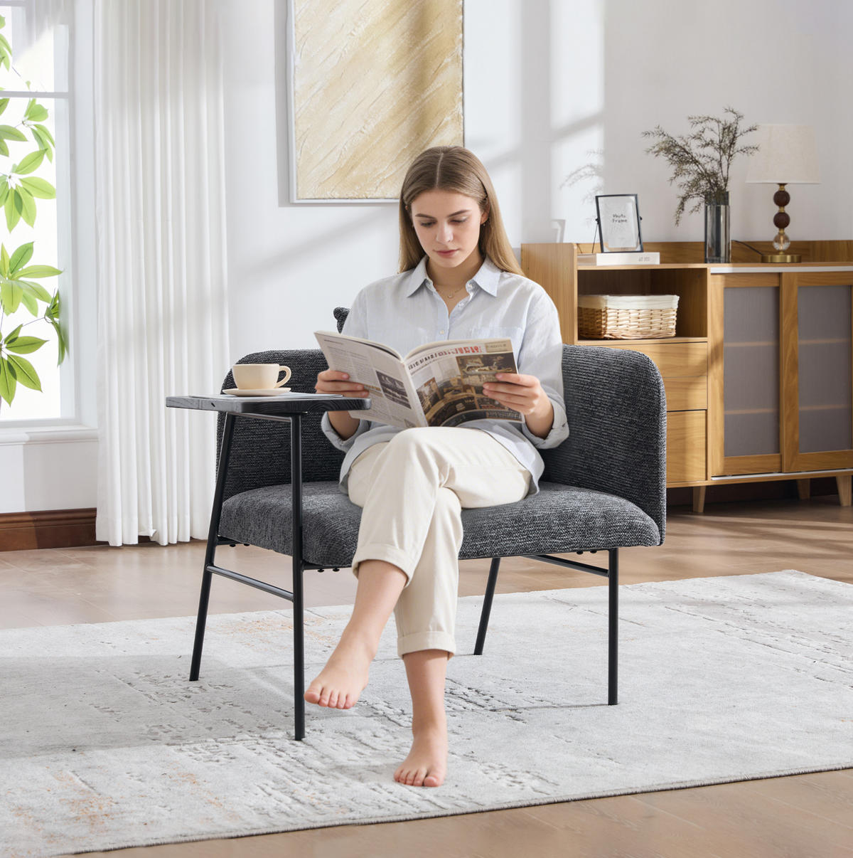 SESSEL 86/72/71 cm dunkelgrau aus Chenille mit Beistelltisch - Dunkelgrau, Textil (72/71/86cm) - OKWISH