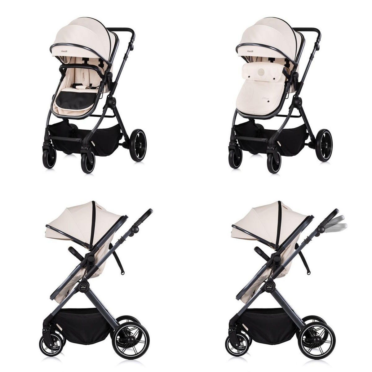 KINDERWAGEN Pearl 2 in 1 beige umbaubar Rucksack Fußsack Korb Federung - Beige, Metall (75/65/104cm) - Chipolino